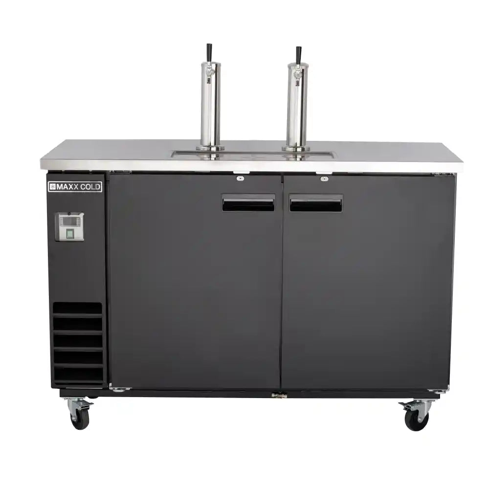 Maxx Cold X-Series Dual Tower, 2 Tap Beer Dispenser, 61"W, 14.2 cu. ft. (402 L), 2 Barrels/Kegs Storage Capacity, in Black with Stainless Steel Top (MXBD60-2BHC)