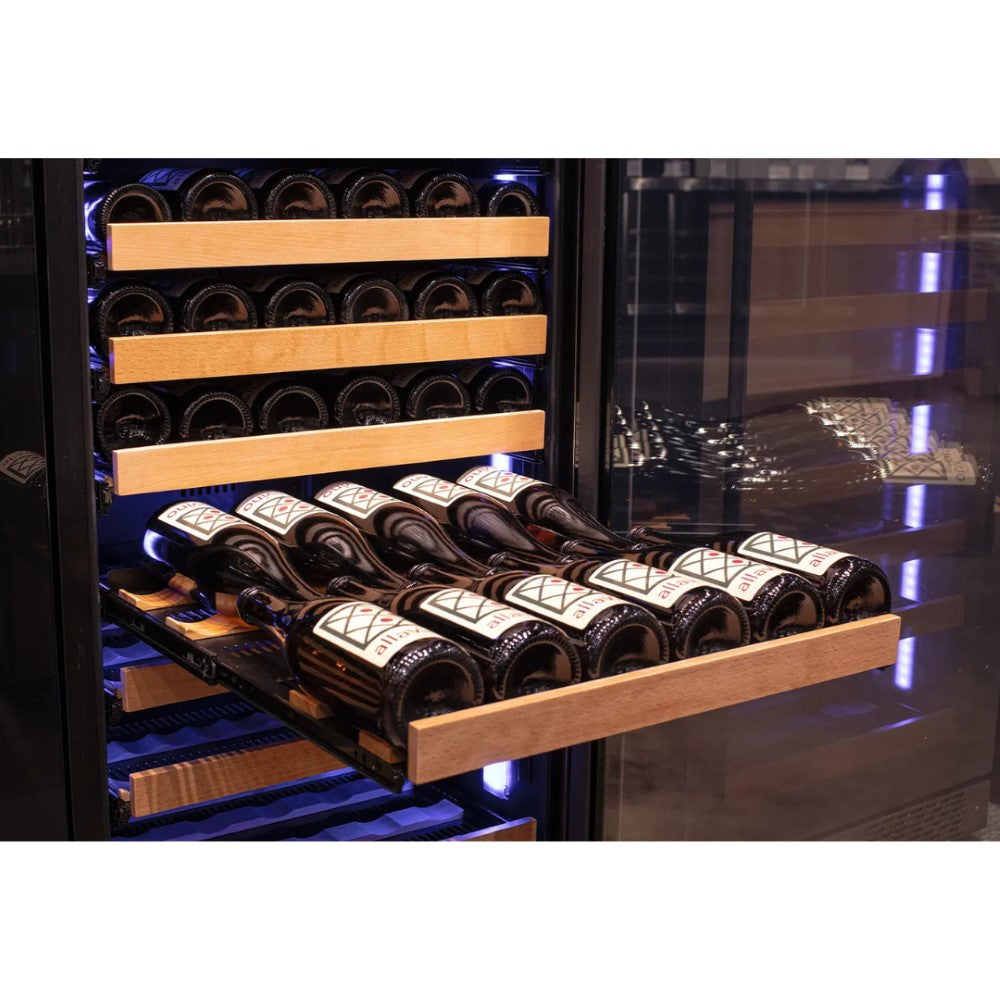 rack of Allavino VSW15471D-2SL Wine Refrigerator being pulled out with wine bottles on it