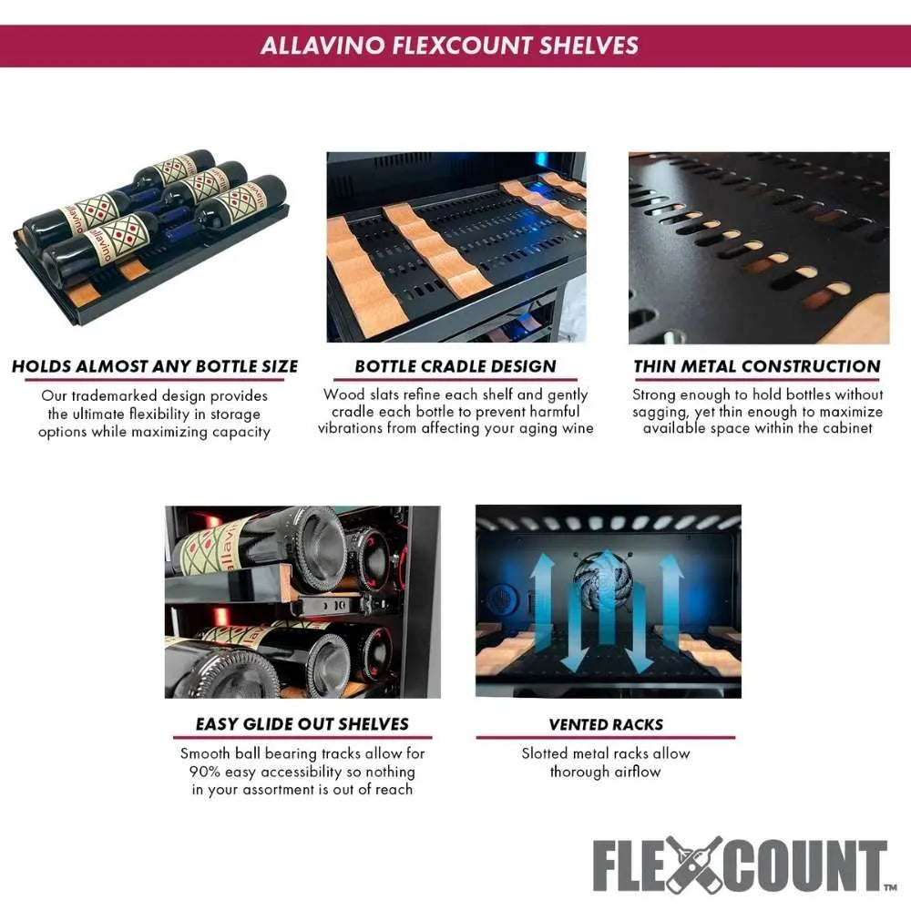 Black Allavino VSW6771S-1 Wine Fridge Flexcount Shelves Features Infographic