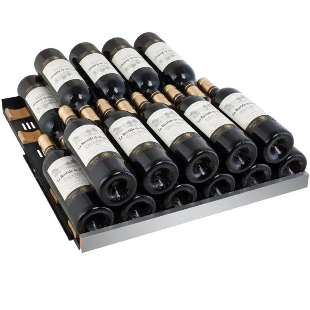 rack of Allavino VSWR128-1SL20 Wine Refrigerator with stacked wine bottles on it