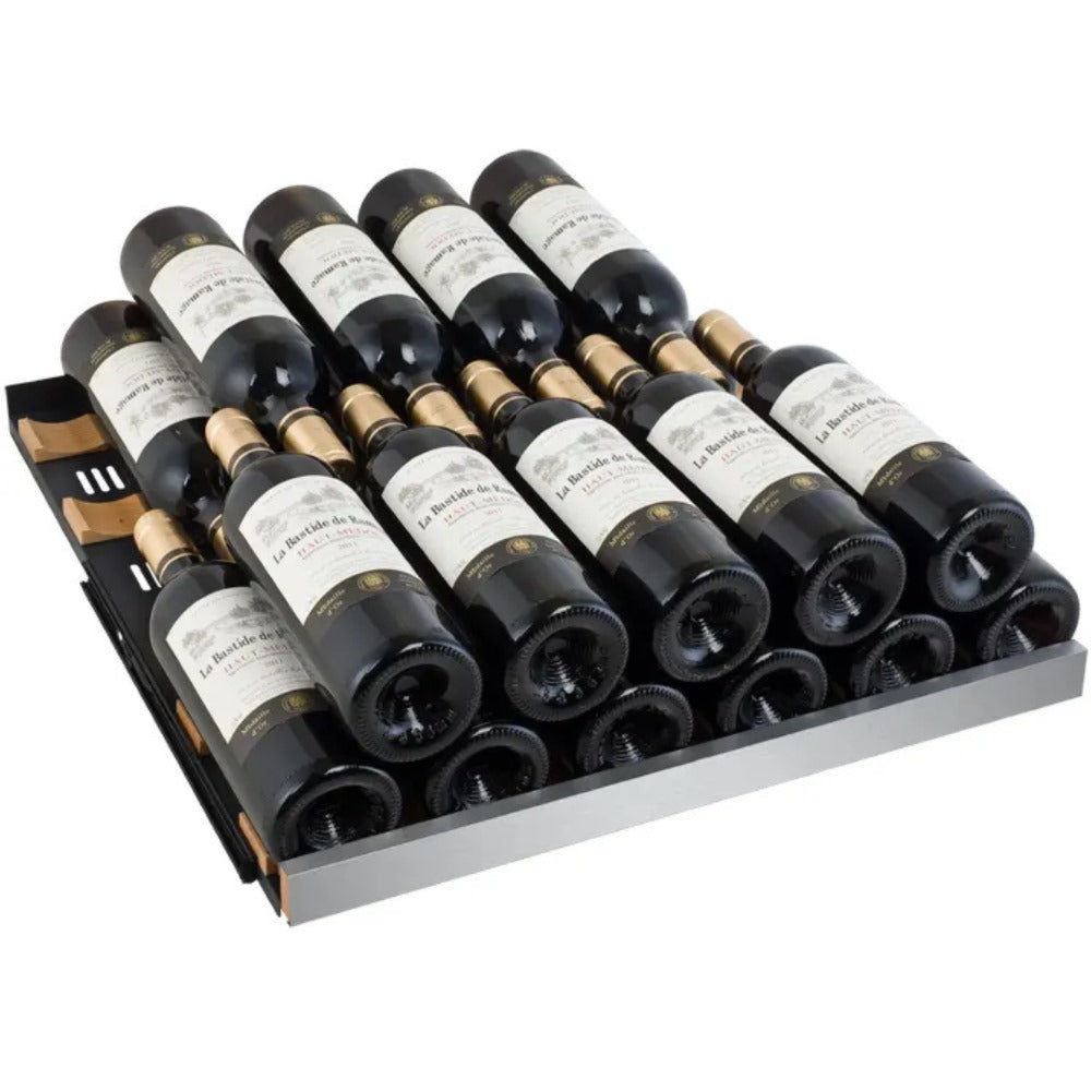 rack of the Allavino VSWR172-2SL20 Wine Refrigerator with stacked wine bottles on it