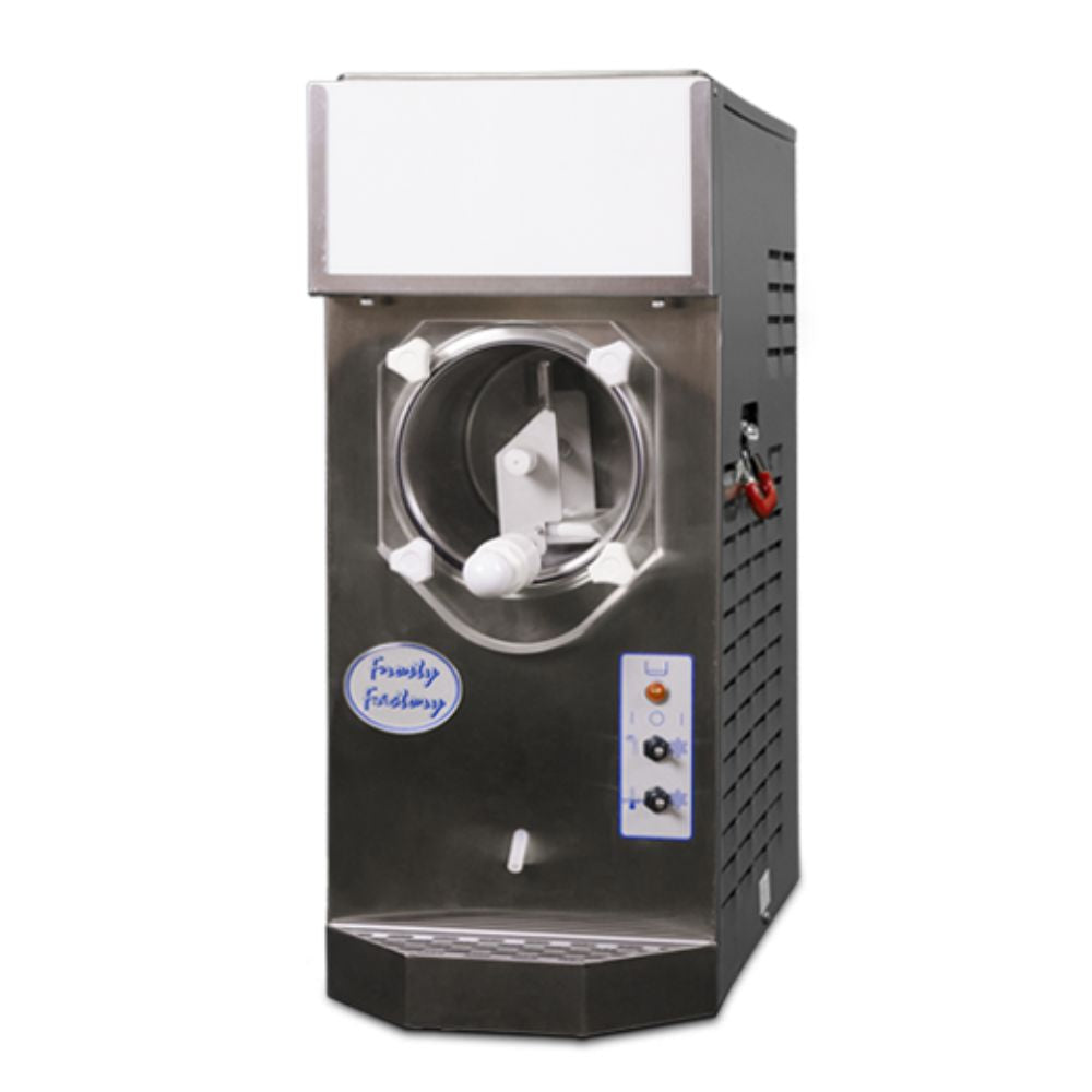Commercial soft-serve ice cream machine in stainless steel with transparent churning chamber, dispensing nozzle, and Frosty Factory branding