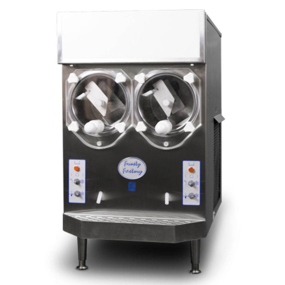 Modern industrial factory interior with frost-covered machinery and metal structures in a cold, atmospheric blue-tinted environment