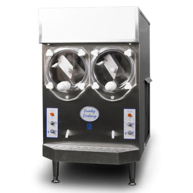 Modern industrial factory interior with frost-covered machinery and metal structures in a cold, atmospheric blue-tinted environment