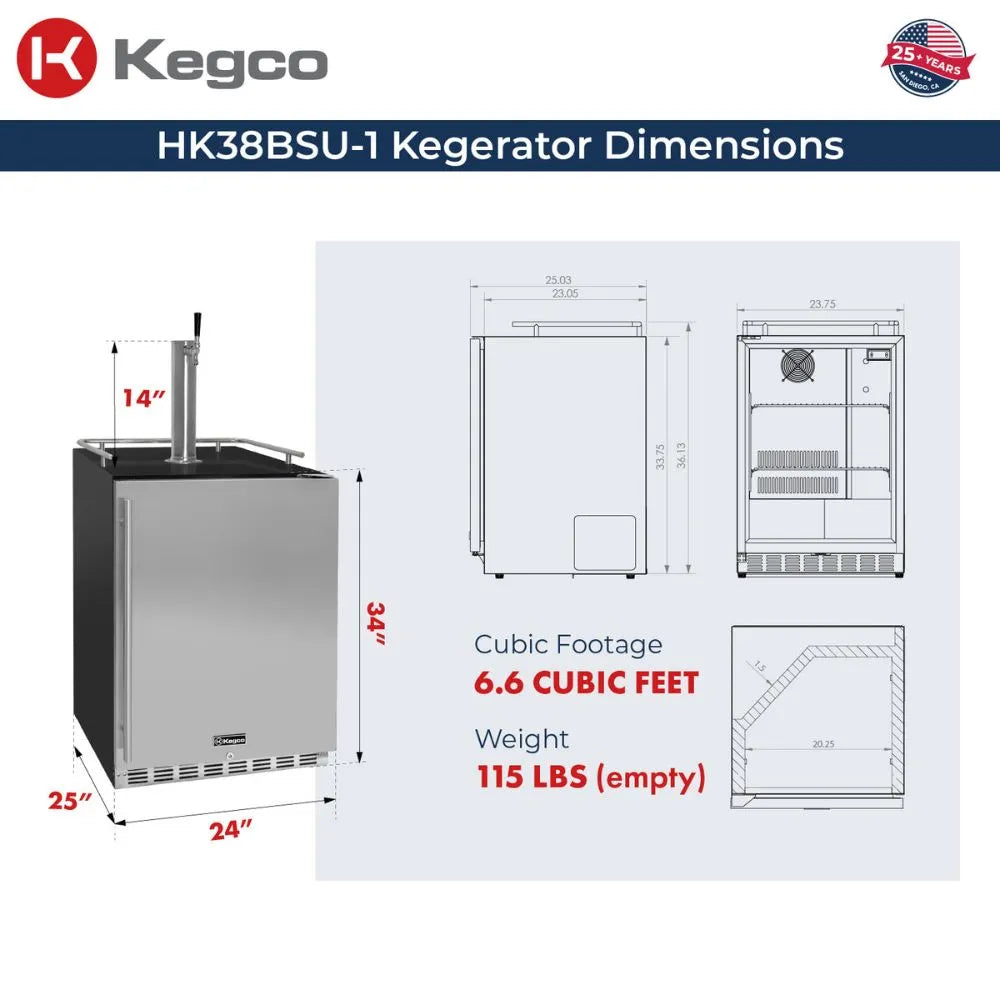 Illustration of Kegco HK38BSU-1 Built-In Kegerator Dimensions