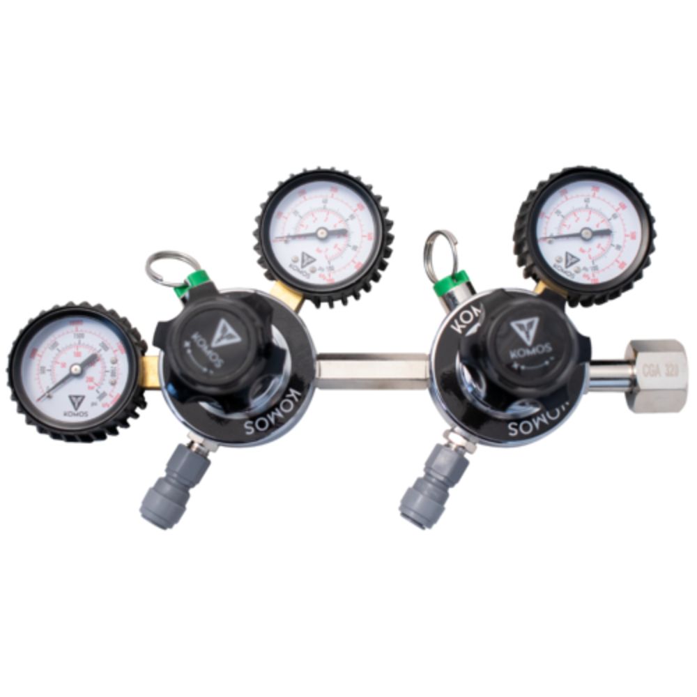 Komos Premium Dual Body CO2 Regulator Industrial-Grade 0–60 PSI Operating Range 1/4" Flare Fittings with Barbed Outlet & Duotight Adapter Fittings