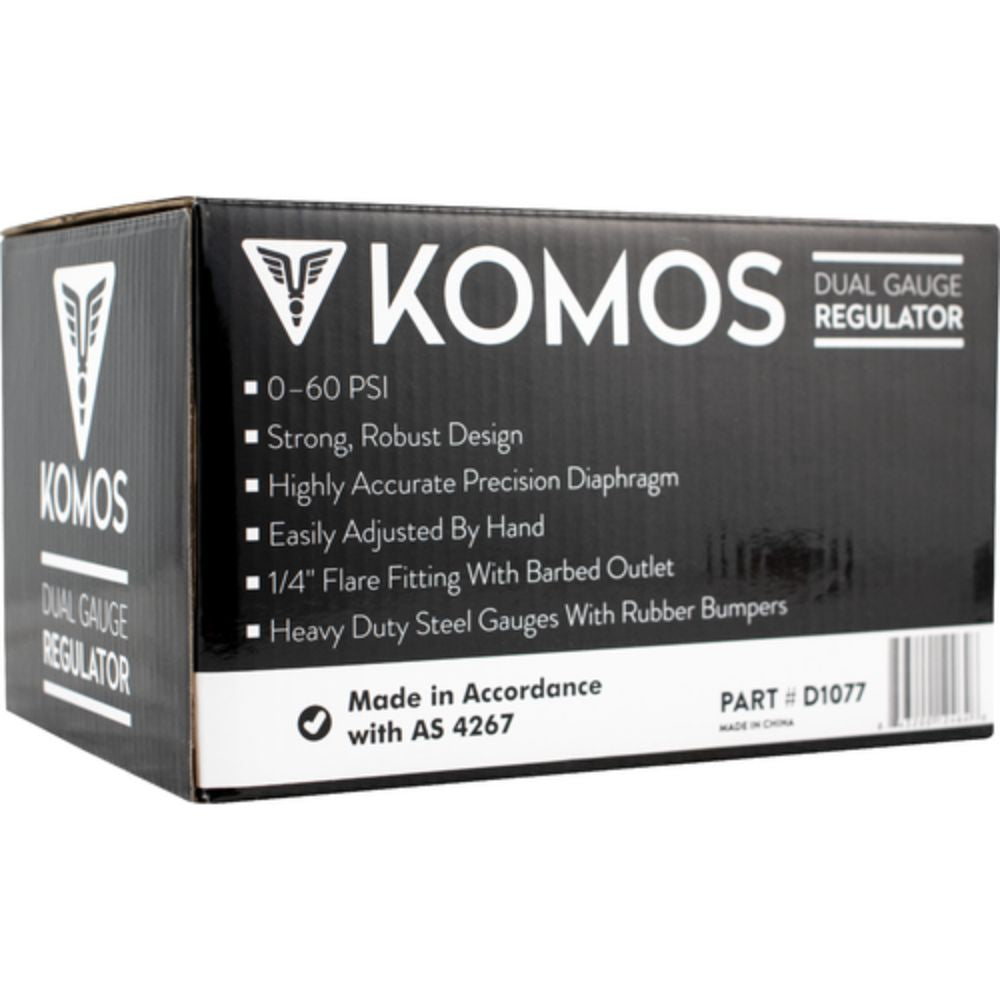 Komos Premium Dual Gauge CO2 Regulator Industrial-Grade 0–60 PSI Operating Range 1/4" Flare Fitting with Barbed Outlet & Duotight Adapter Fitting