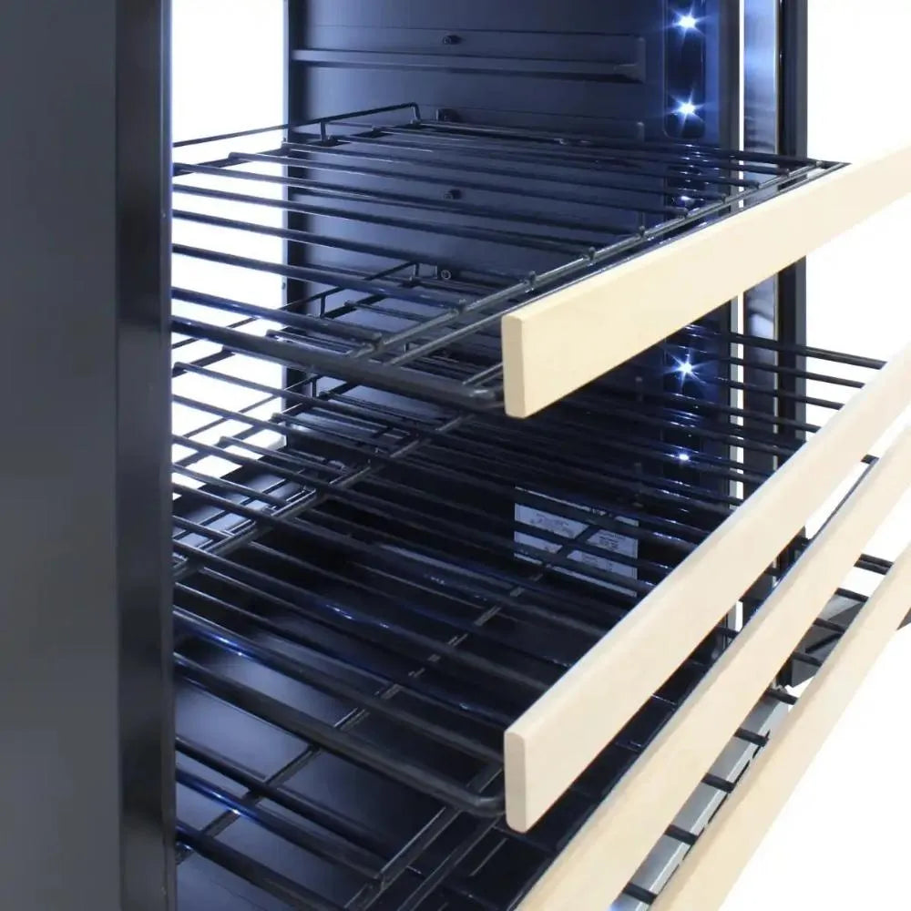 Close Up Picture of Vinotemp White Backlit Panel Wine Cooler Empty Racks