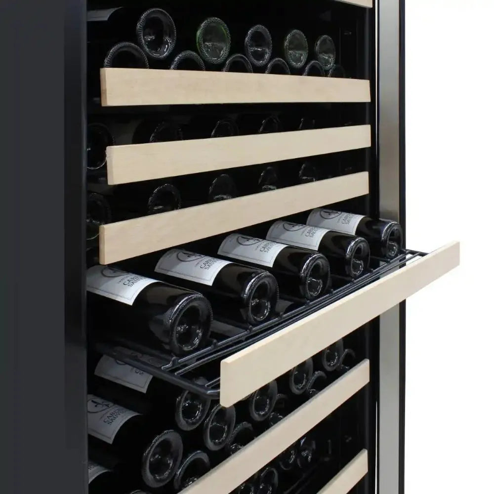 Vinotemp White Backlit Panel Wine Cooler Stocked with Bottles Image