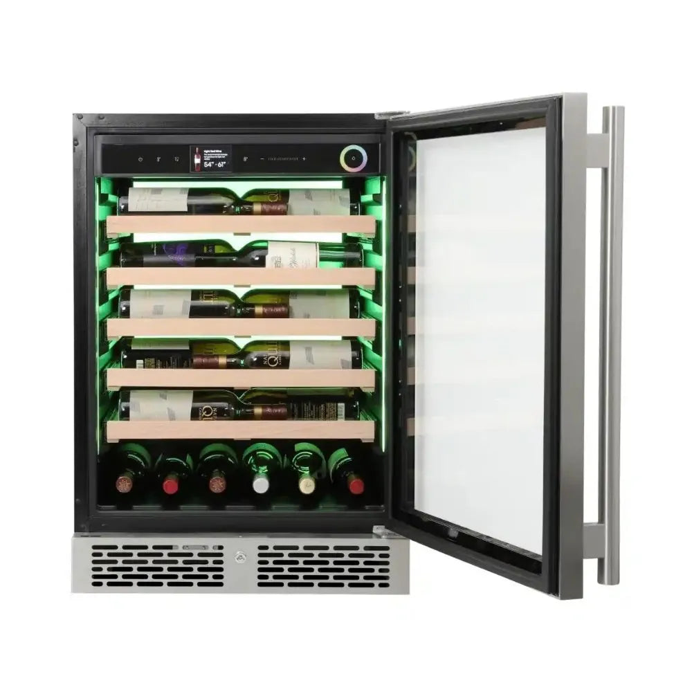 Photo of Vinotemp VTWC041EVGSS Wine Fridge Open Door View with Green LED Light