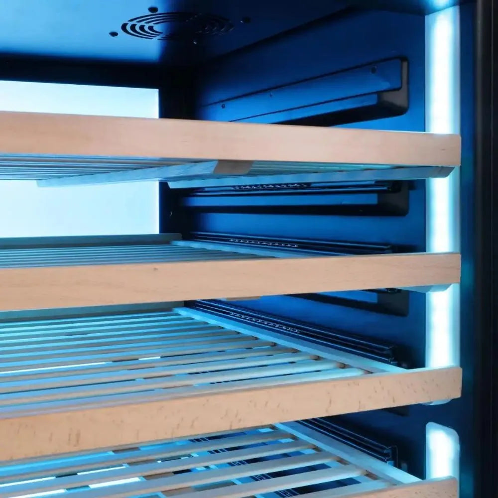 Close Up Photo of Vinotemp VTWC041EVGSS Wine Refrigerator Interior with Blue LED Light