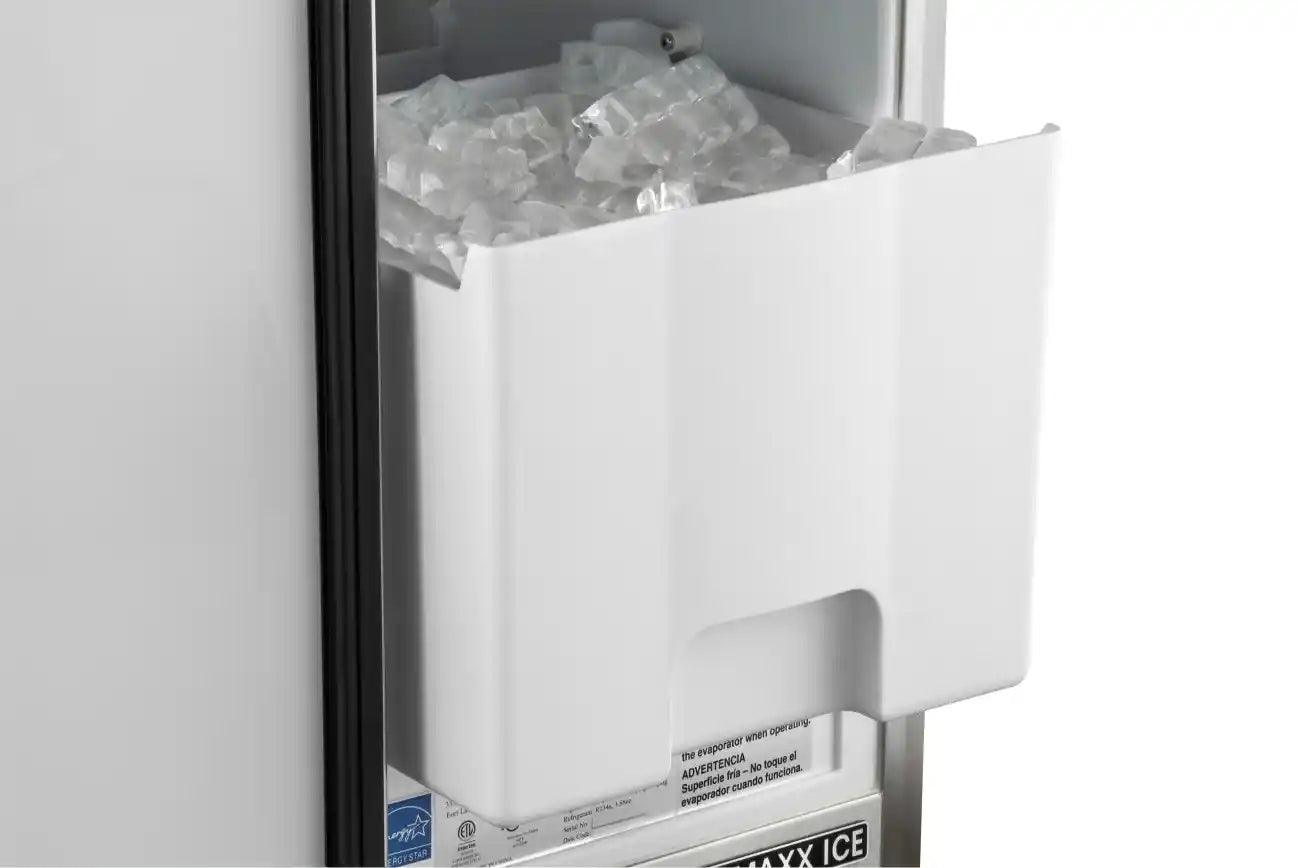 Maxx Ice Premium Outdoor Self-Contained Ice Machine, 15"W, 65 lbs/Day, Full Dice Ice Cubes, Energy Star Listed, in Stainless Steel (MIM50P-O)