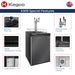 Triple-tap black stainless Kegco K309 Kegerator ringed by six labeled feature close-ups