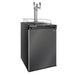 Three chrome faucets above the black stainless door of the angled Kegco K309 Kegerator