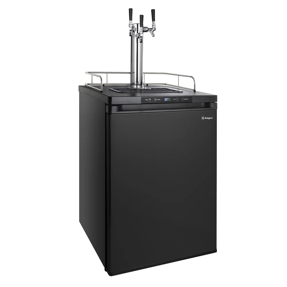 Three black-handled faucets on the chrome tower of the black Kegco K309 Keg Beer Refrigerator, angled view