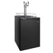 Three black-handled faucets on the chrome tower of the black Kegco K309 Keg Beer Refrigerator, angled view