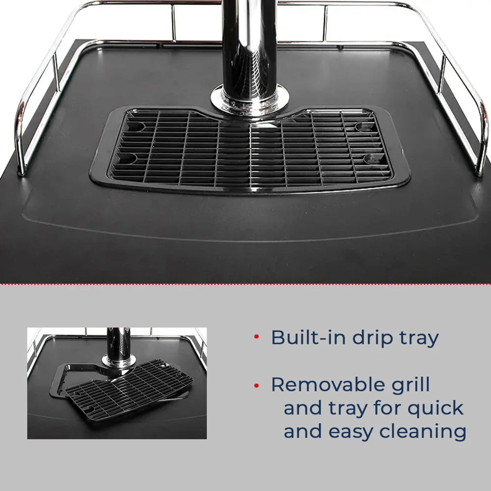 Flush drip tray and lift-out grill around the tower base on the Kegco K309 Single Tap Kegerator top surface