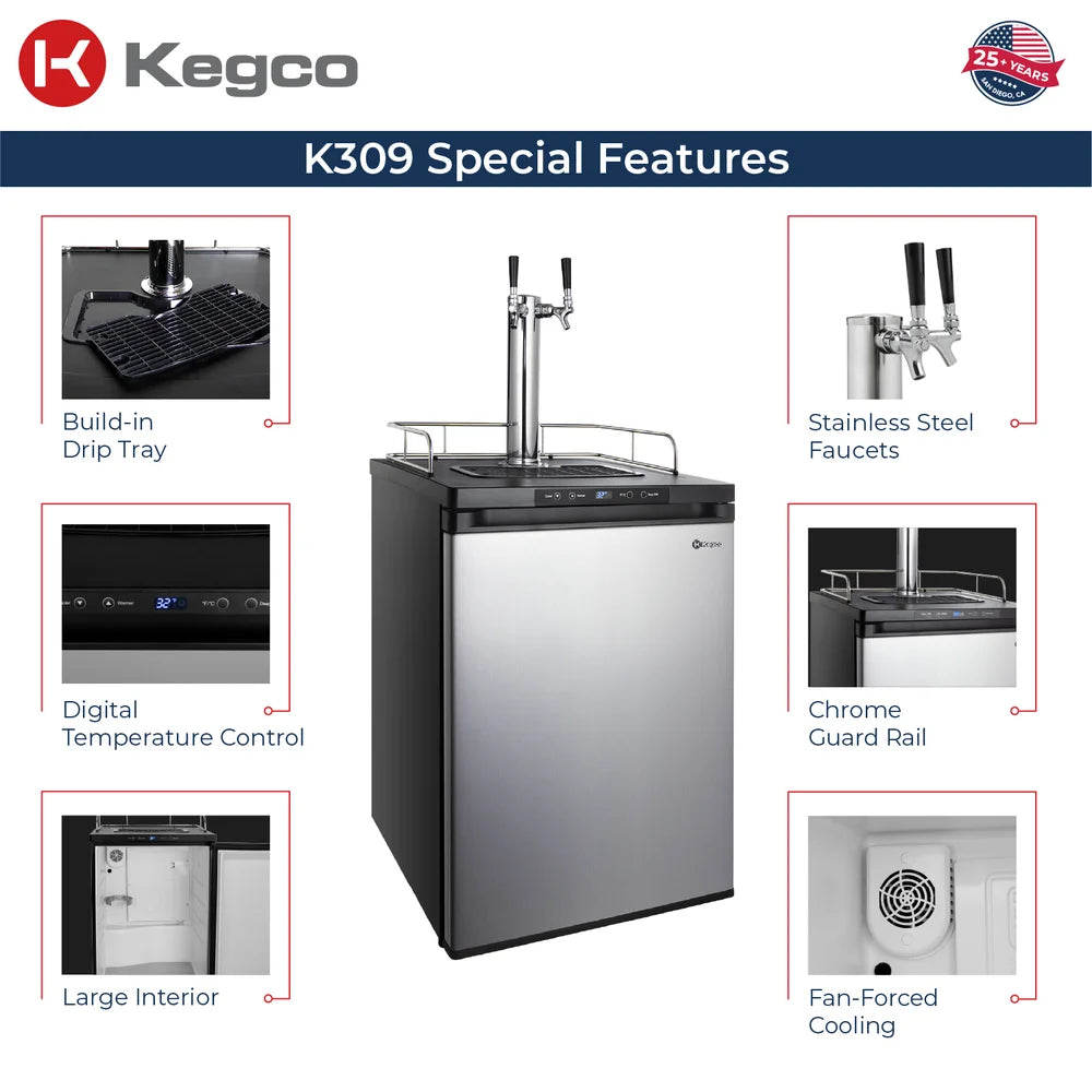 Callout sheet covering drip tray, controls and cooling on the stainless two-tap Kegco K309 Single Tap Kegerator