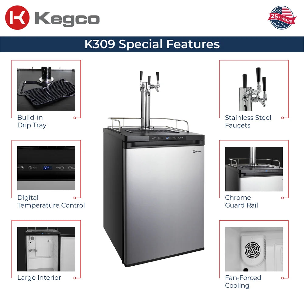 Stainless three-tap Kegco K309 Kegerator surrounded by six feature labels from drip tray to fan cooling
