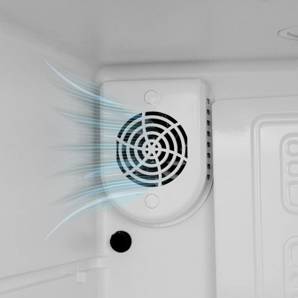 Interior fan and blue airflow streaks showing even cooling inside the Kegco K309 Single Tap Kegerator