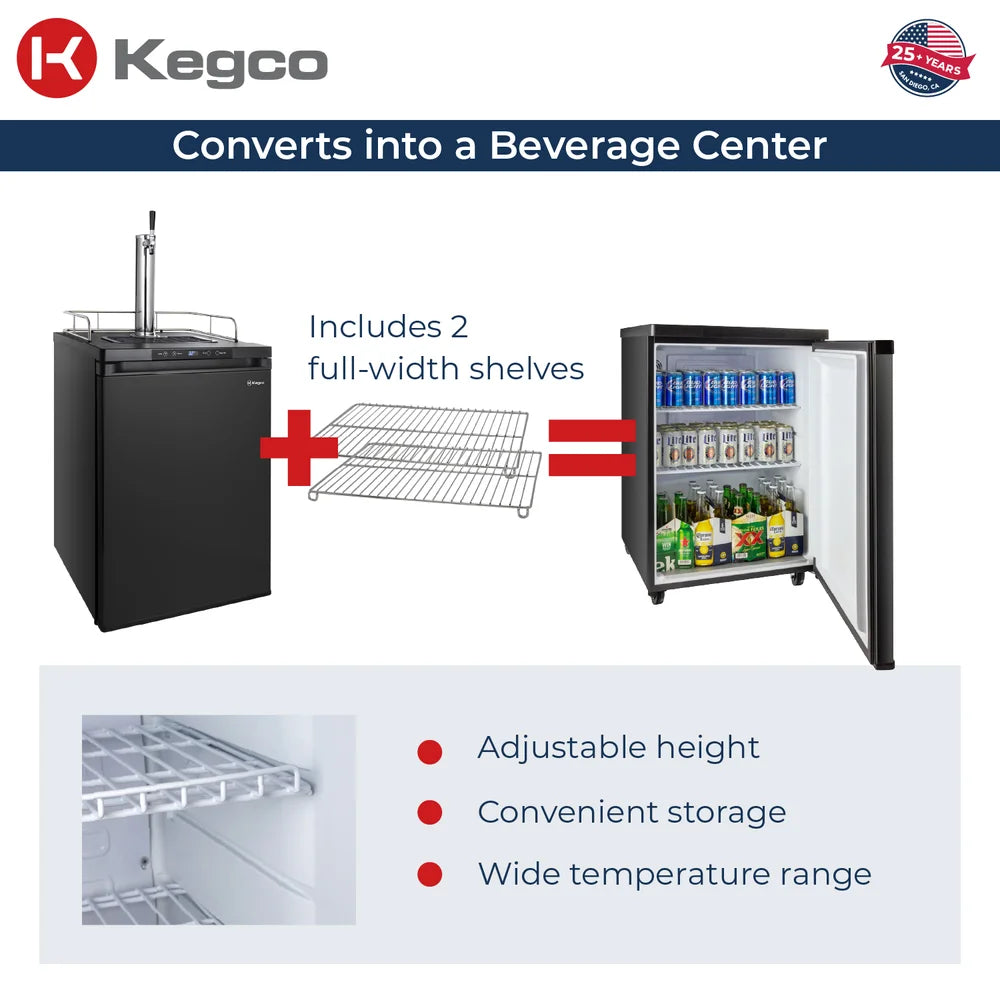Branded graphic showing the Kegco K309 Kegerator in black becoming a beverage center with two shelves