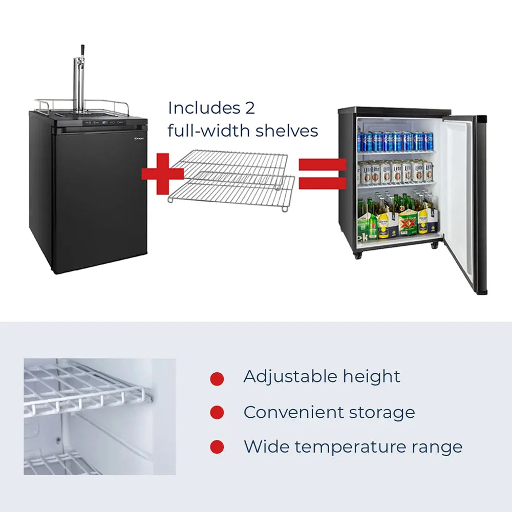 Black Kegco K309 converted to a stocked beverage fridge using the two included full-width wire shelves