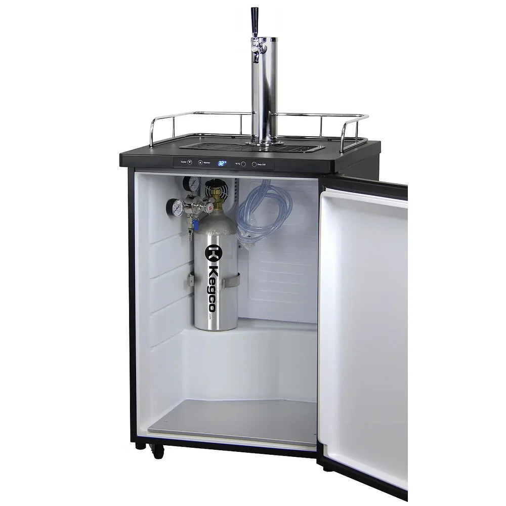 Empty white liner, mounted CO2 cylinder and coiled beer line inside the open Kegco K309 Single Tap Kegerator