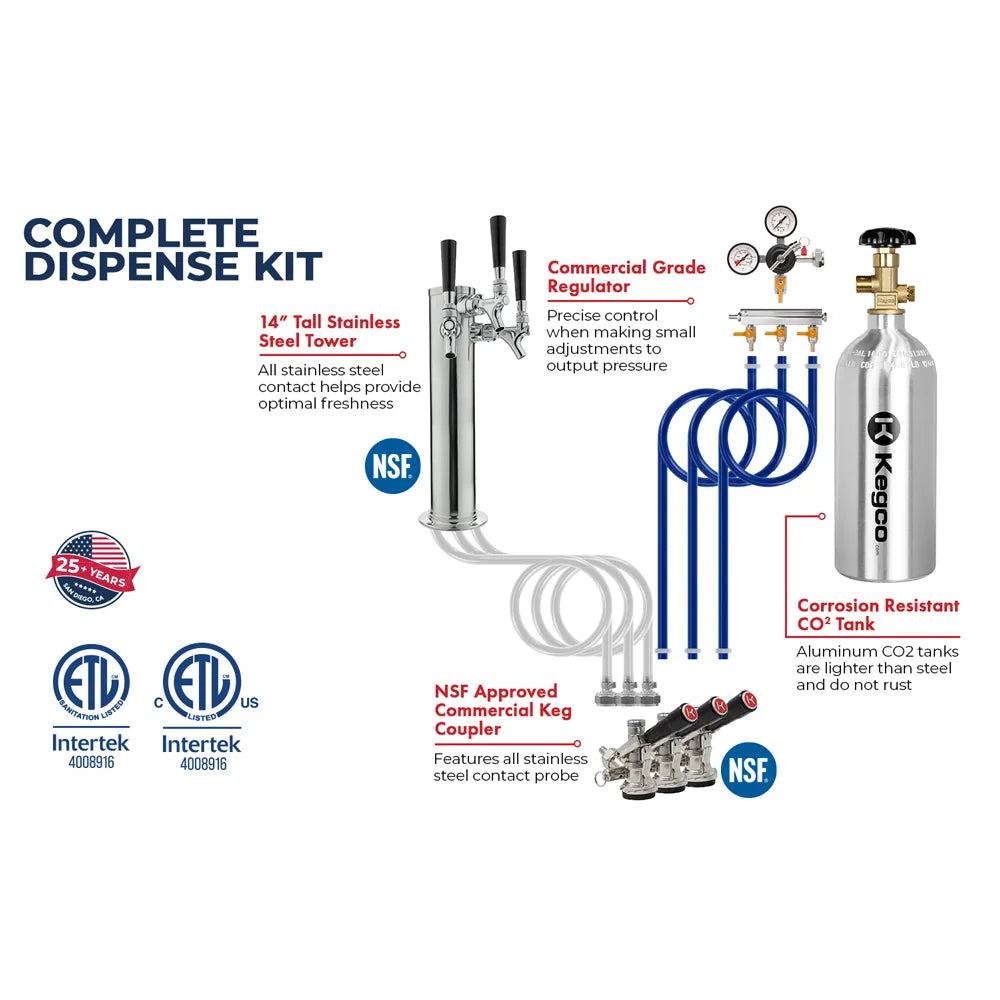 Triple-faucet tower, three couplers and 3-way air distributor supplied with the Kegco K309 three-tap setup