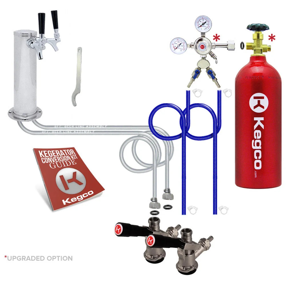Two-tap conversion kit parts including dual tower, beer lines, regulator and red CO2 tank for the Kegco K309