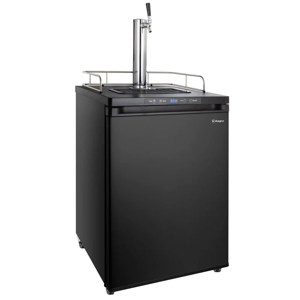 Black cabinet, chrome guard rail and one-faucet tower on the Kegco K309 Single Tap Kegerator shown at an angle