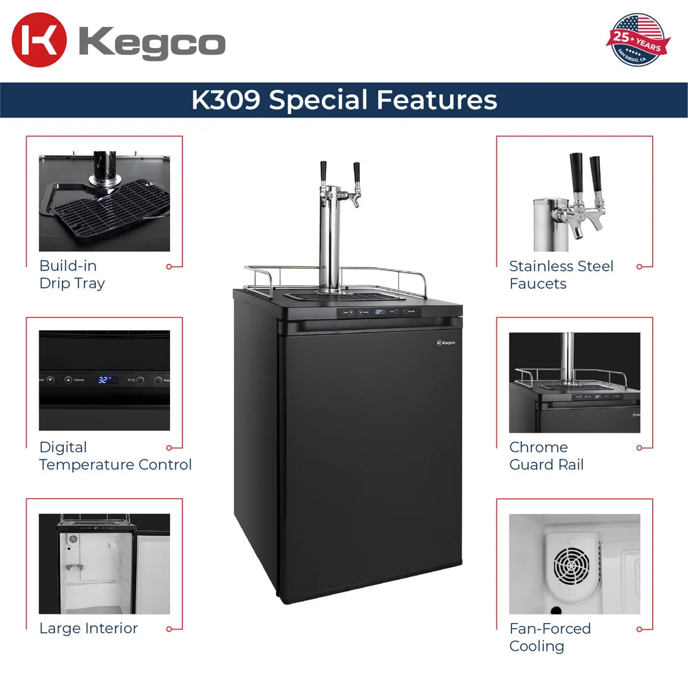 Feature callout sheet for the two-faucet black Kegco K309 Digital Kegerator with six labeled details