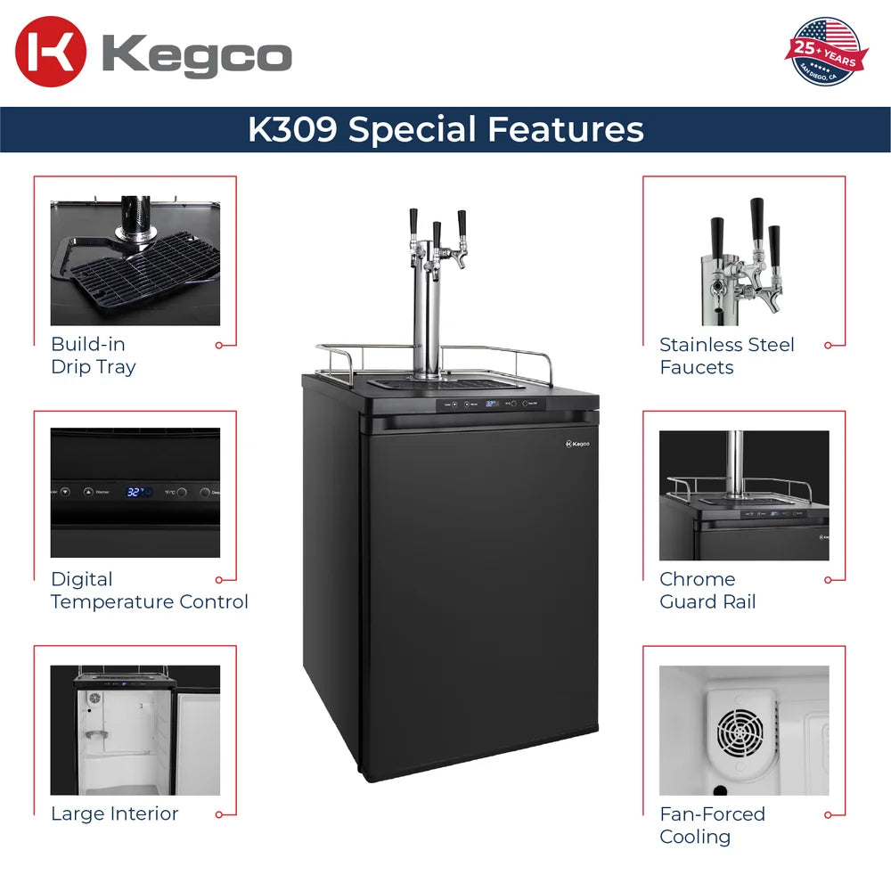 Labeled overview of drip tray, controls, faucets and cooling on the triple-tap black Kegco K309 Digital Kegerator