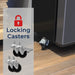Braked and free-rolling wheels shown under the cabinet of the Kegco K309 Digital Kegerator on wood flooring