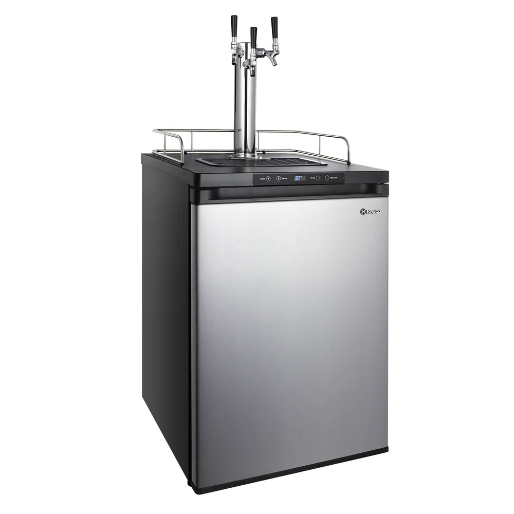 Triple-faucet chrome tower above the stainless steel door of the Kegco K309 Keg Beer Refrigerator