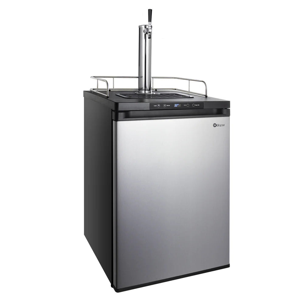 Stainless steel door and single chrome faucet tower on the angled Kegco K309 Single Tap Kegerator