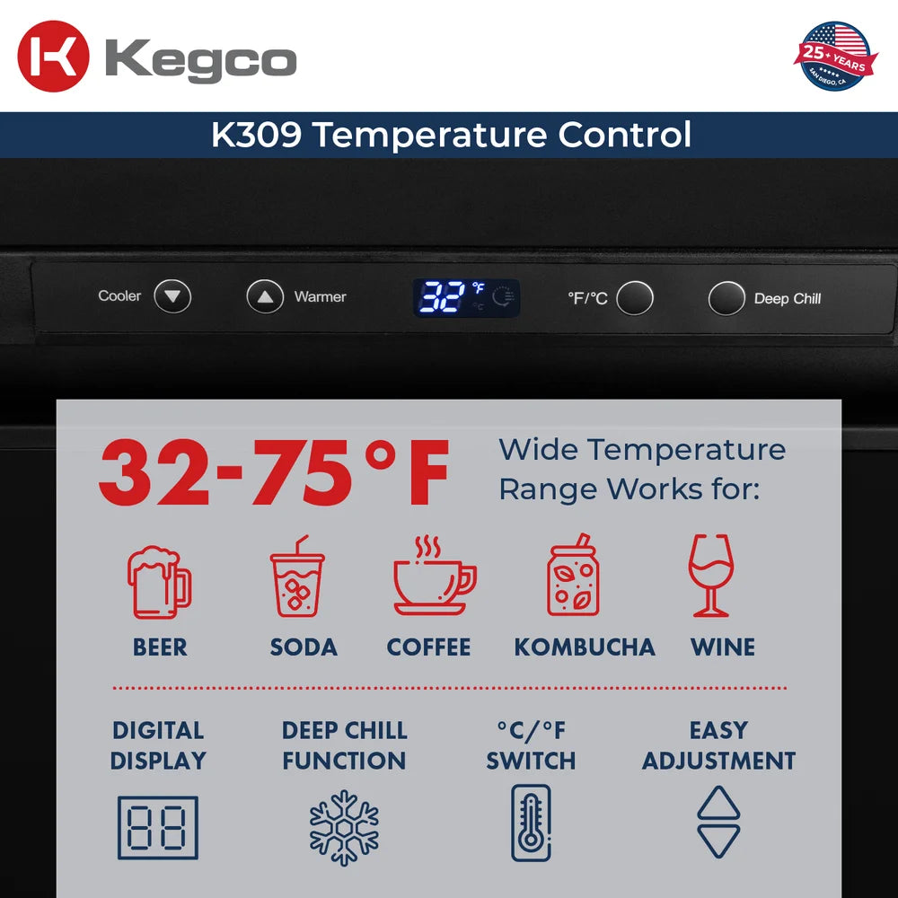 Control strip and 32-75 degree range chart for beer, soda, coffee, kombucha and wine on the Kegco K309