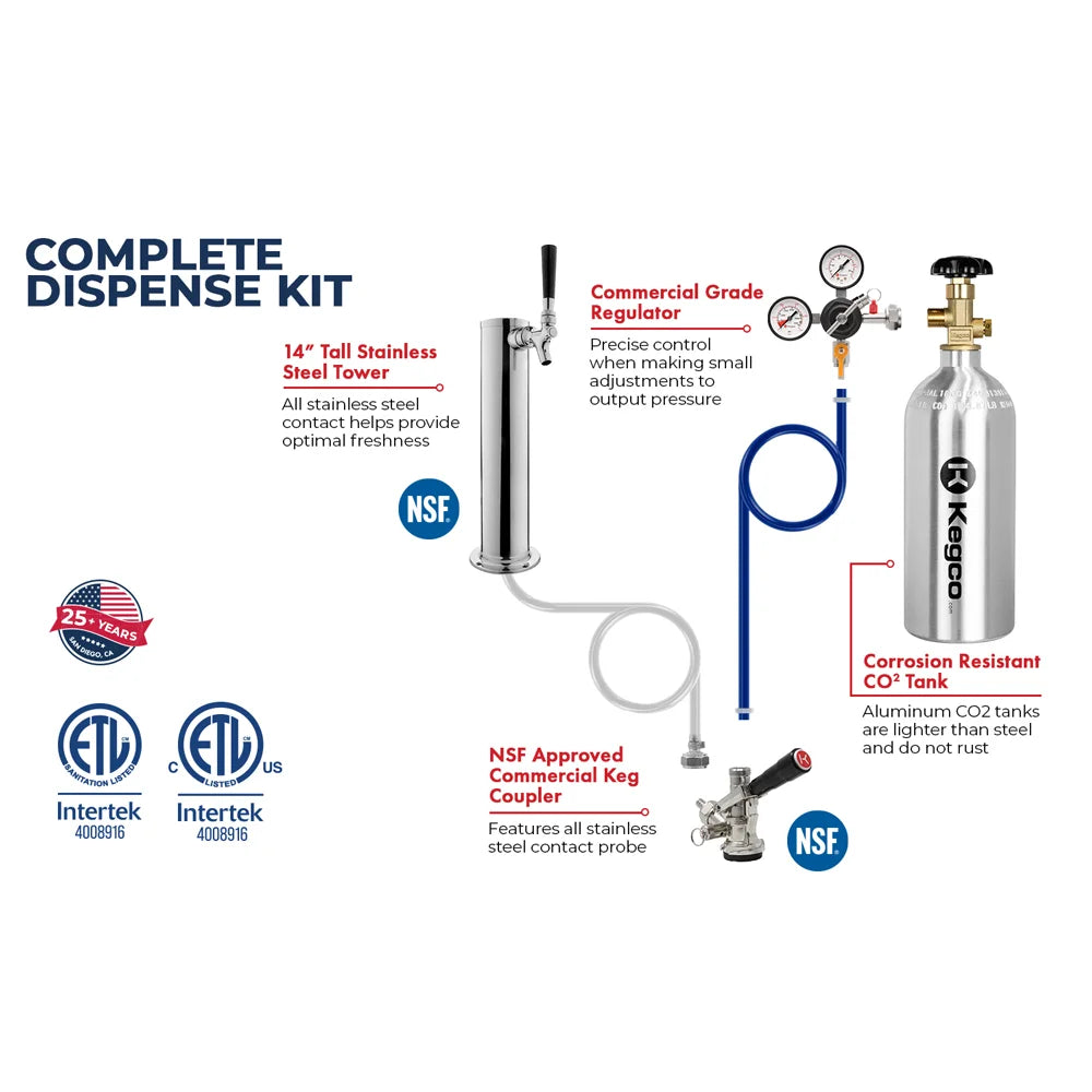 Labeled single-faucet dispense kit parts supplied with the Kegco K309 Kegerator including tower, regulator and CO2 tank