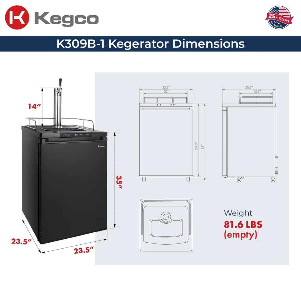 Measured drawings giving 35 inch height, 23.5 inch width and 81.6 lb weight for the Kegco K309 in black