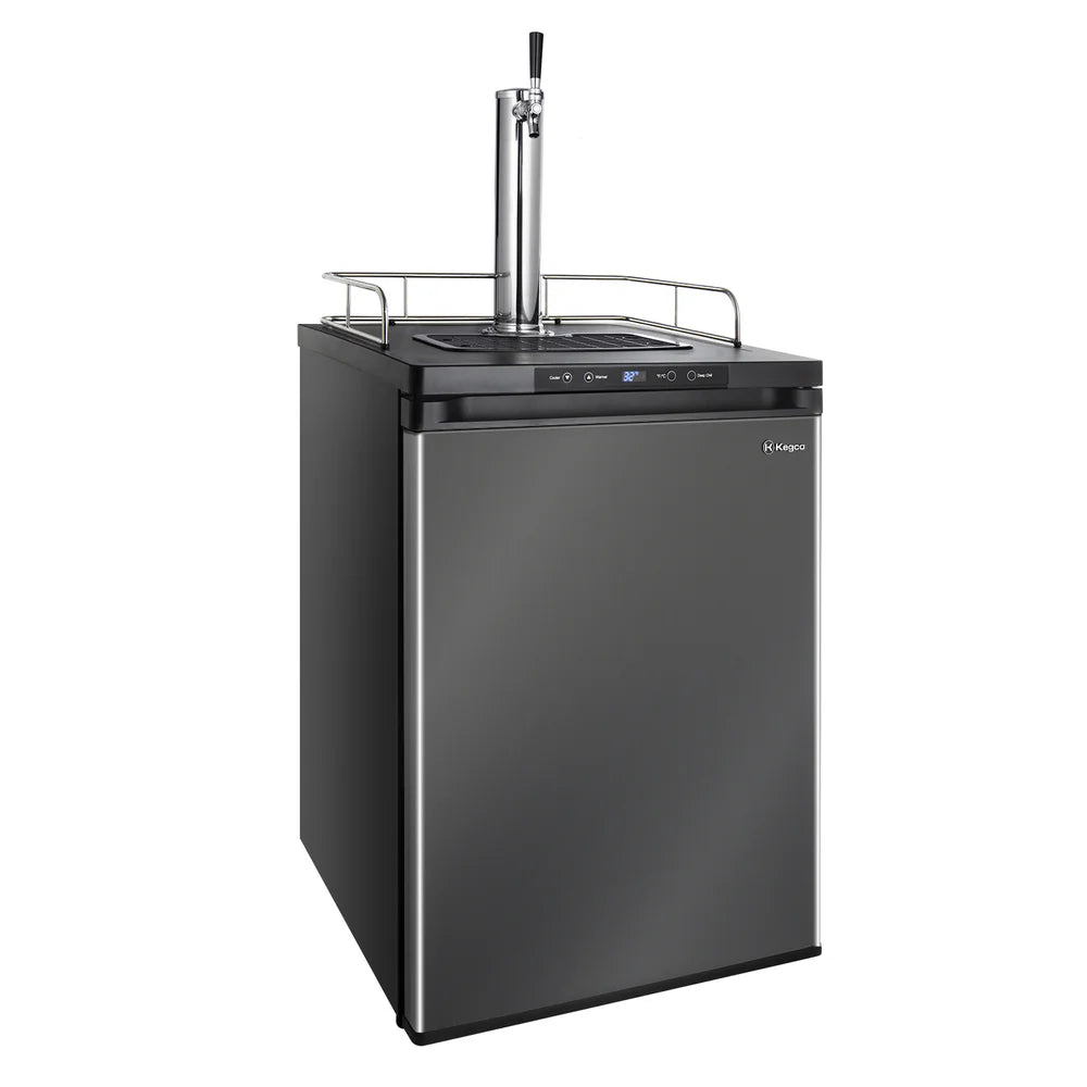 Black stainless steel door and one-faucet tower on the angled Kegco K309 Keg Beer Refrigerator