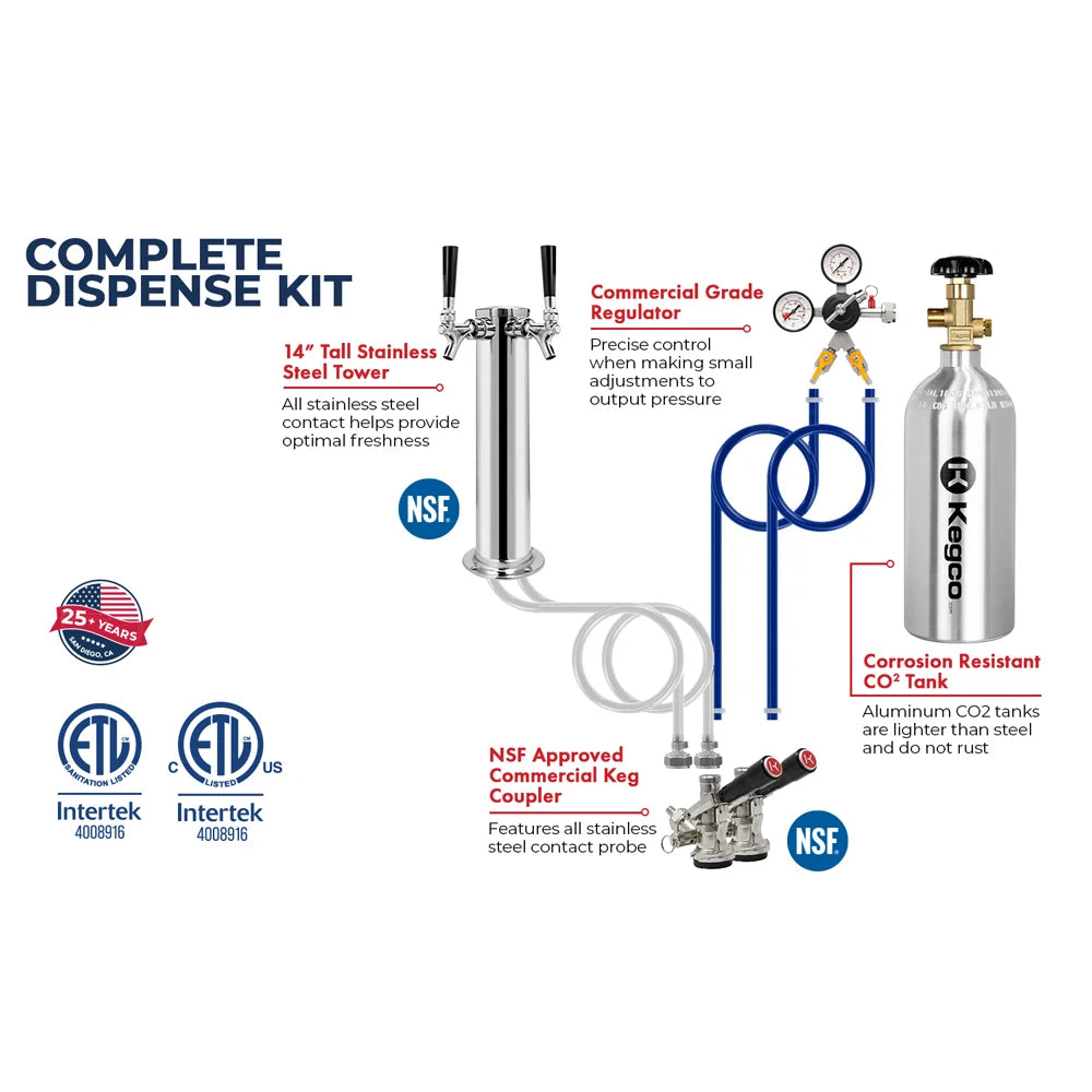 Dual-faucet tower, twin couplers and two gas lines making up the Kegco K309 Kegerator two-tap dispense kit