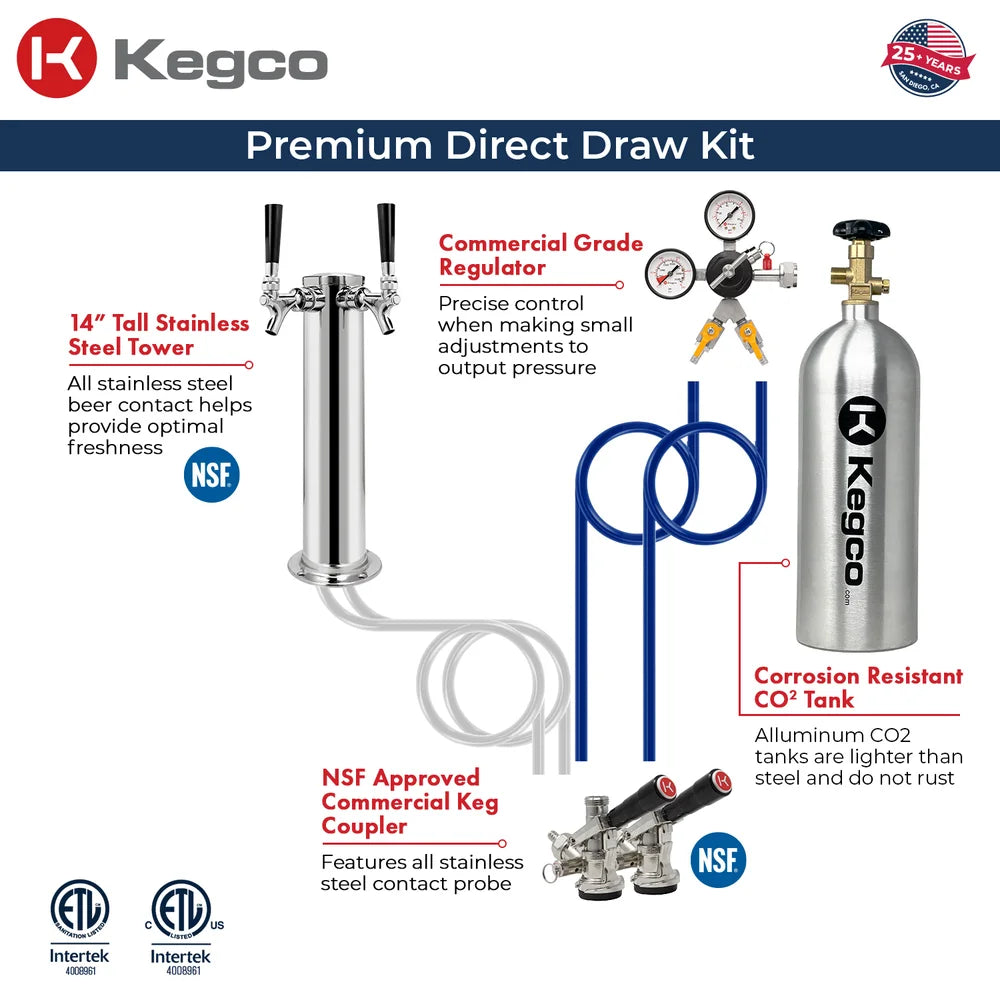 Premium direct draw kit graphic with dual tower, two couplers and CO2 tank for the Kegco K309 in two-tap form