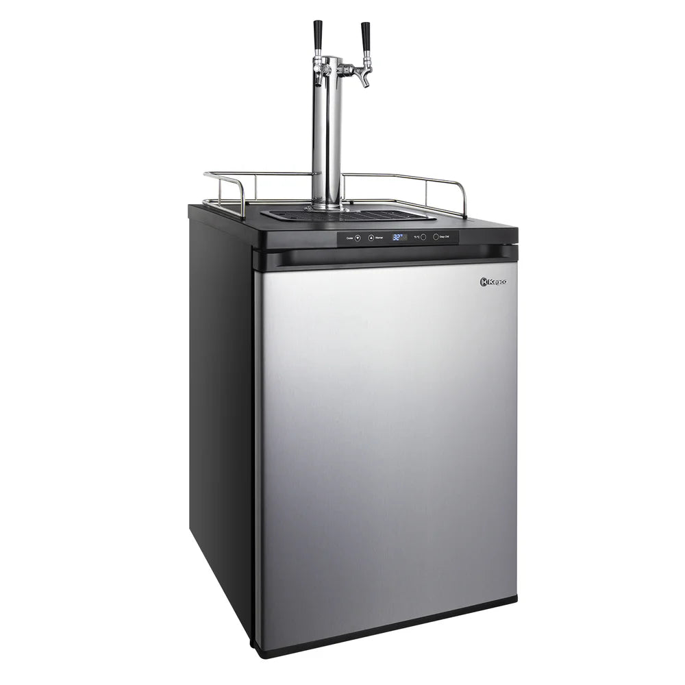 Stainless steel door with twin faucets on the angled Kegco K309 Single Tap Kegerator two-tap configuration