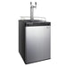 Stainless steel door with twin faucets on the angled Kegco K309 Single Tap Kegerator two-tap configuration