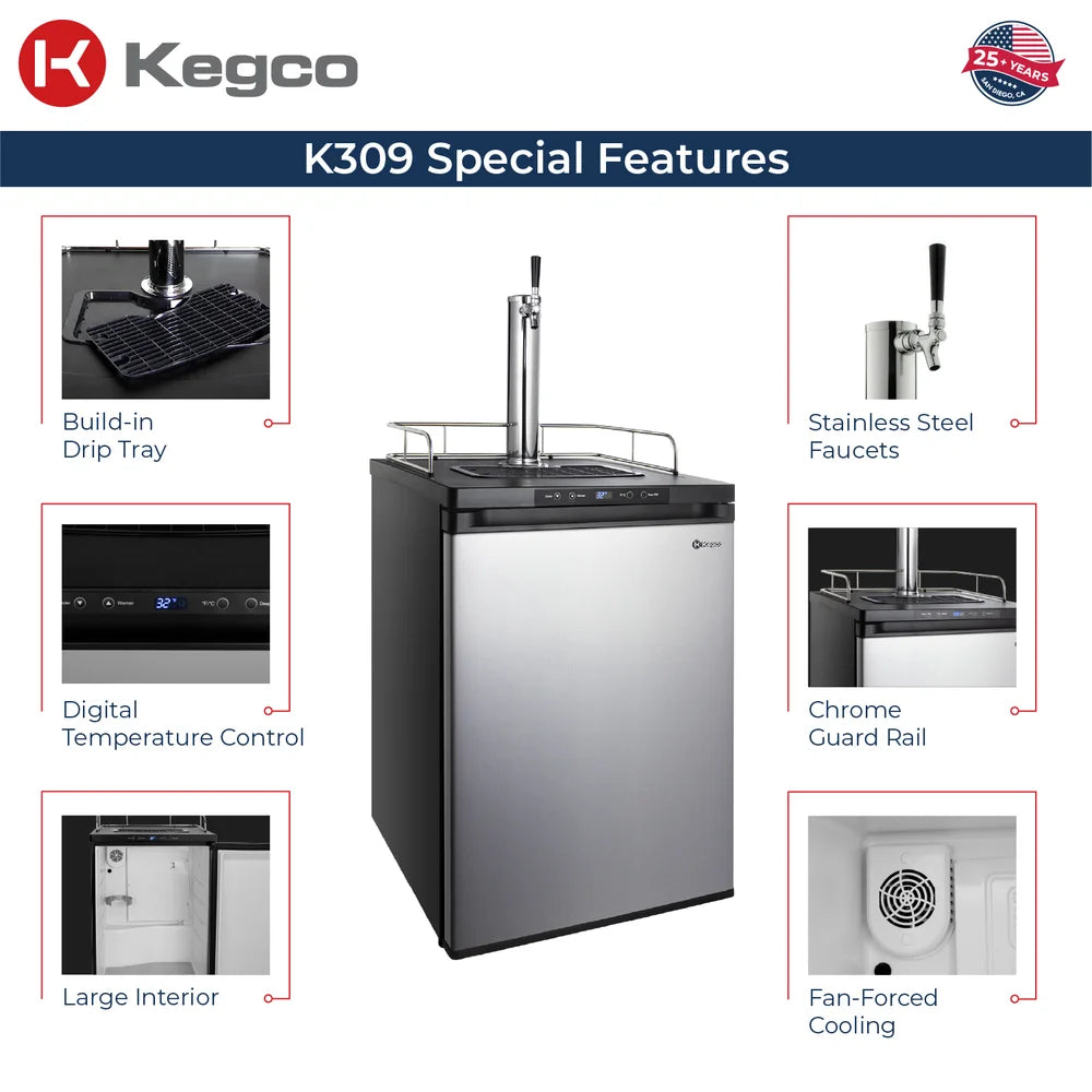 Six labeled features around the stainless door Kegco K309 Kegerator including faucets and fan cooling