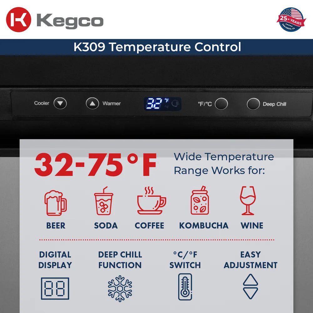 Temperature control infographic for the stainless K309 by Kegco kegerator showing 32 to 75 degrees