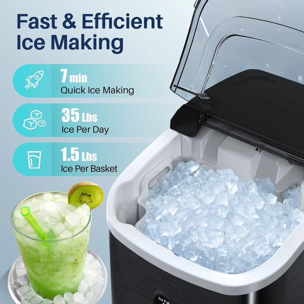 Fast ice making specs including 35 lbs per day for the black Kismile Z5815NH Pebble Ice Maker