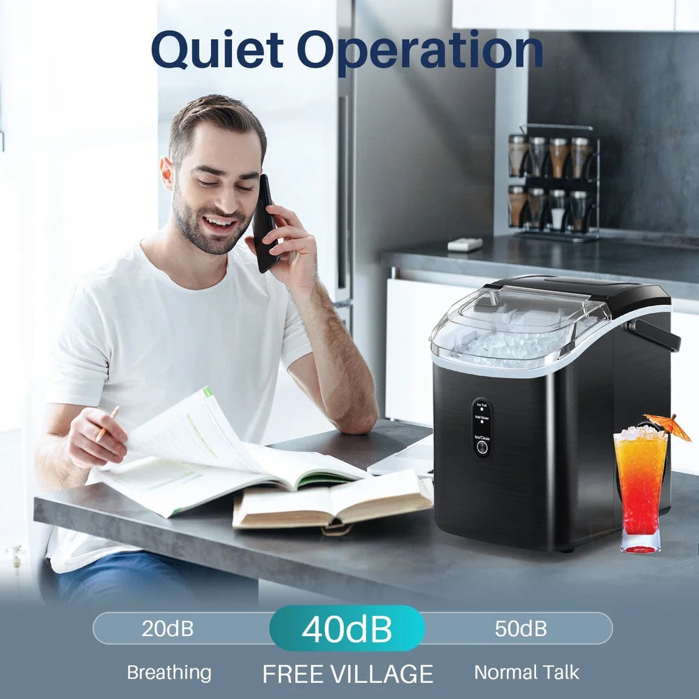 Quiet 40 decibel operation of the black Kismile Z5815NH Countertop Ice Maker beside a man on the phone