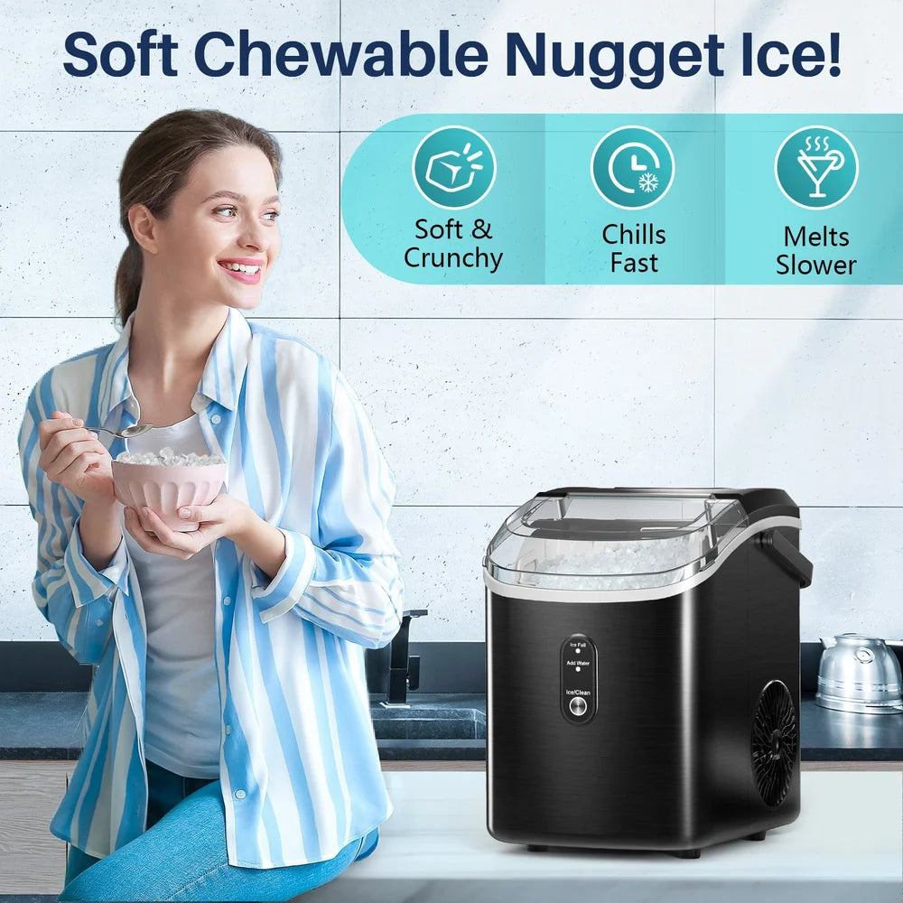 Woman eating soft chewable nugget ice beside the black Kismile Z5815NH Pebble Ice Maker