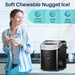 Woman eating soft chewable nugget ice beside the black Kismile Z5815NH Pebble Ice Maker