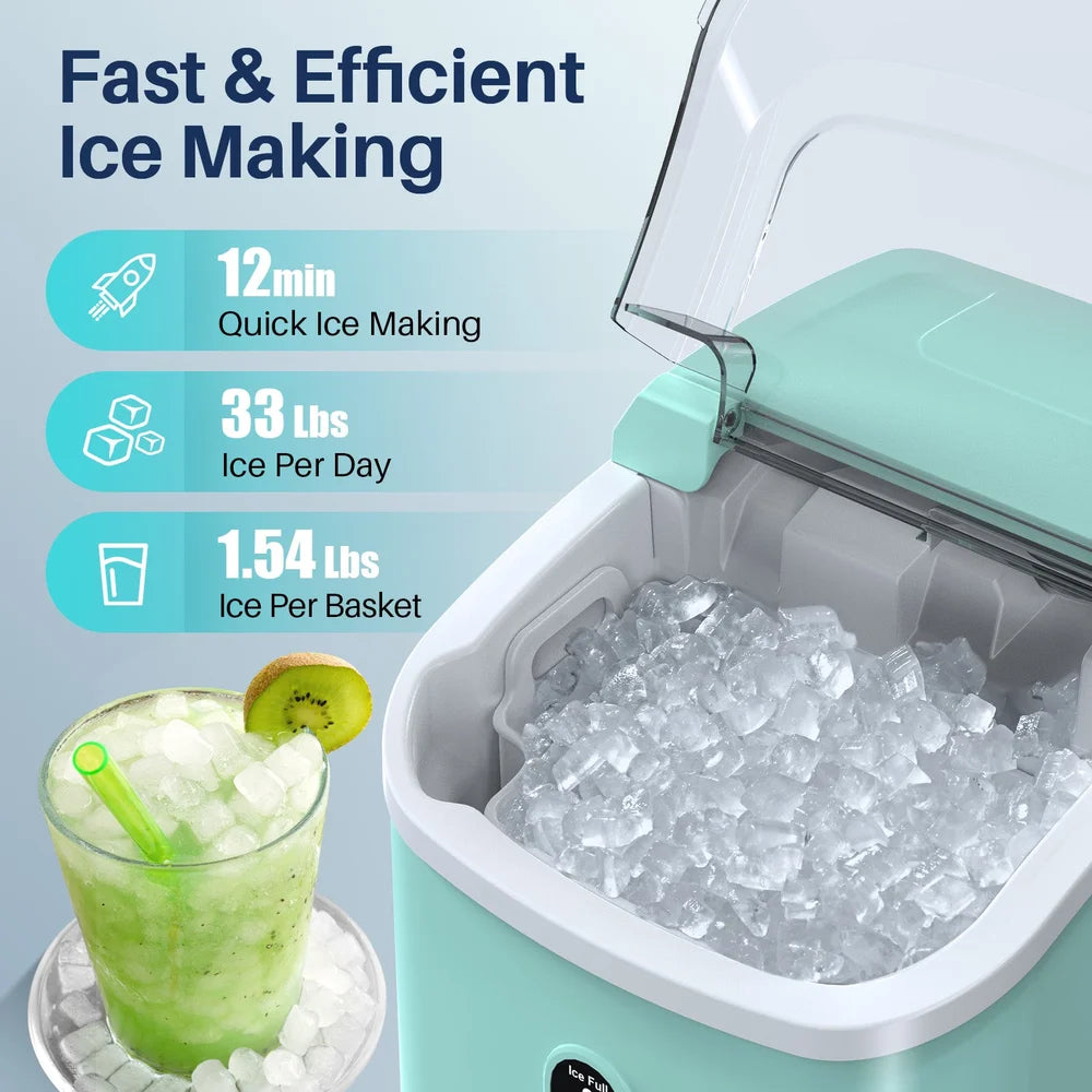 Ice output specs of 33 lbs per day and 12 minute first batch for the Kismile Z5815NH Countertop Ice Maker